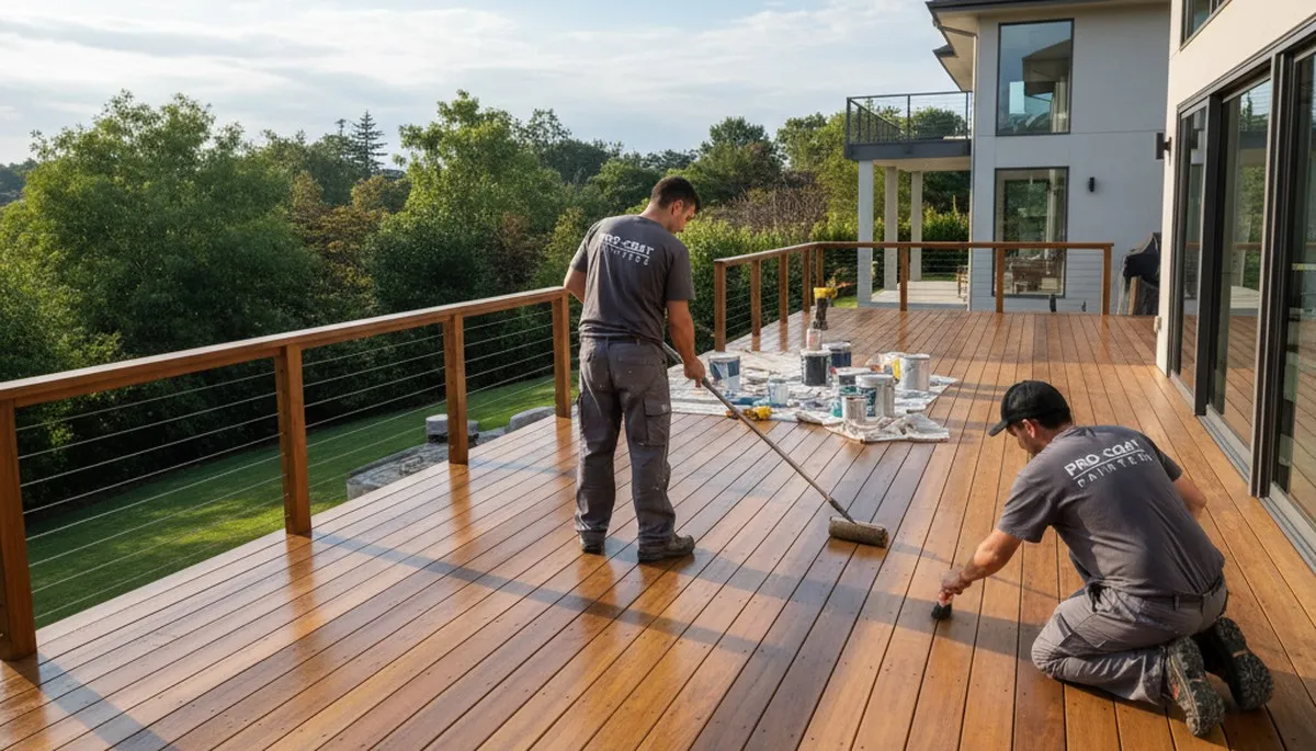 Deck painters in Mansfield, MA applying exterior stain to protect a wood deck
